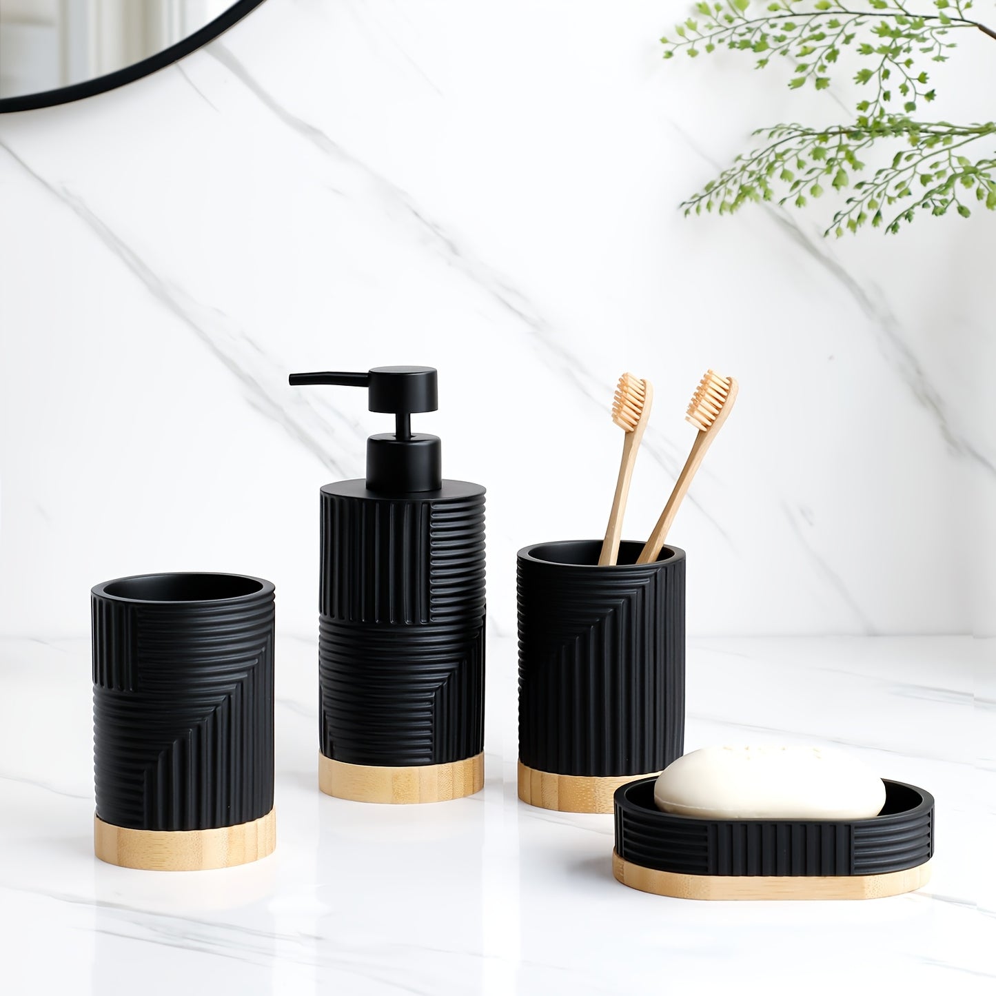 ZHANWANGJIAJU 4pcs Bathroom Accessory Set - Includes Soap Dispenser, Mouthwash Cup, and Soap Dish in Black with Wood Accents