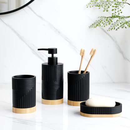 ZHANWANGJIAJU 4pcs Bathroom Accessory Set - Includes Soap Dispenser, Mouthwash Cup, and Soap Dish in Black with Wood Accents