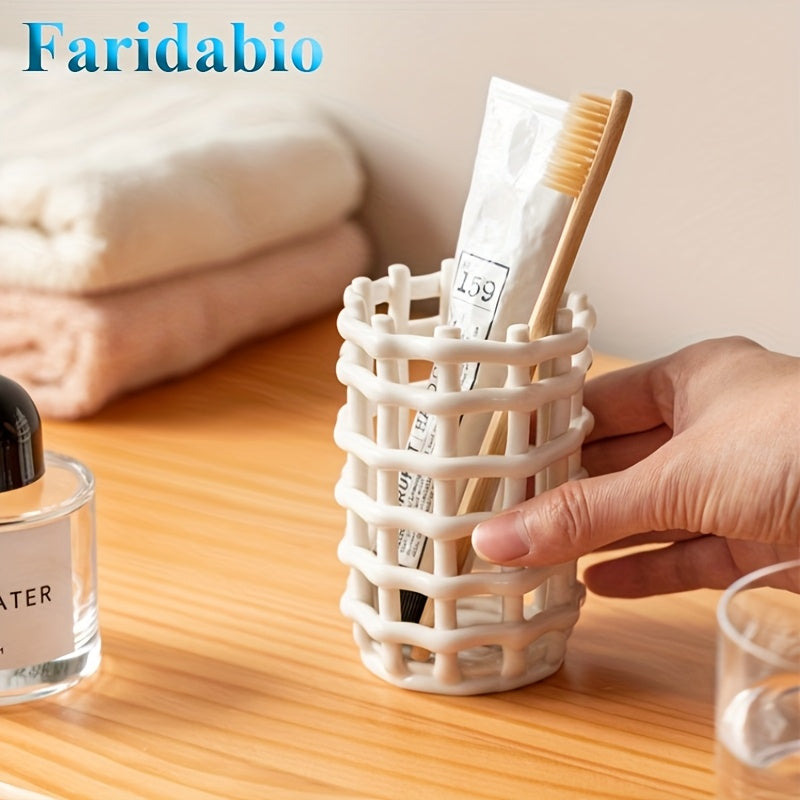 1Pc Hand Woven Ceramic Toothbrush Holder - Freestanding Toothpaste Storage Container for Bathroom Accessories, Non-Electric Organizer