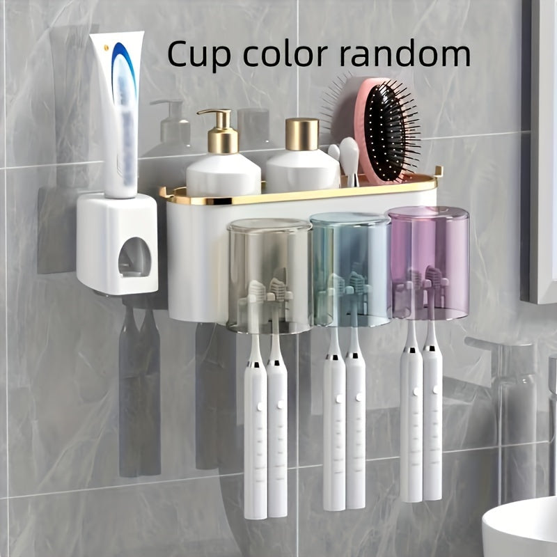 Wall-Mounted Toothbrush Holder Set with Adhesive, No-Drill Installation, Bathroom Storage Organizer with Multiple Slots for Toothbrushes, Toothpaste, Razor, and Tooth-Mug Cups - Unscented, Use Without Power