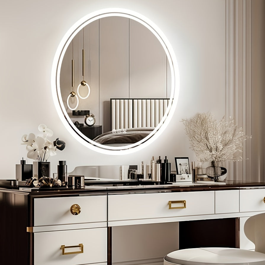 LED Bathroom Mirror Round: Lighting Dimmable Backlit Wall Mirror, Circle Illuminated Anti-Foge Vanity Mirror, 3 Smart Touch Button Makeup With Brightness Adjustable, Memory Function Modern Shaving Mirror With Acrylic Edge
