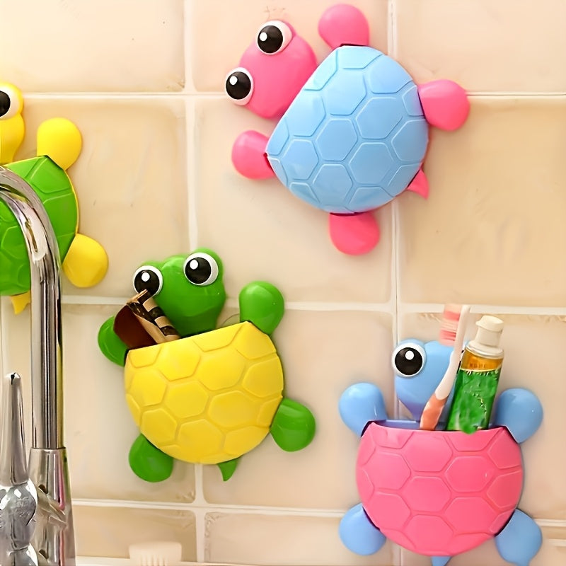 Wall-mounted suction cup storage rack with a cute little turtle design, 1pc, toothbrush holder, creative cartoon bedroom living room kitchen bathroom organizer, toothpaste holder, home decoration bathroom supplies