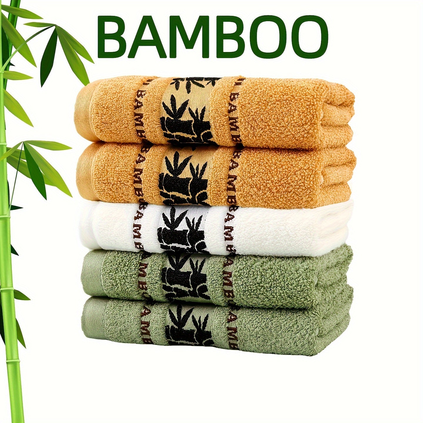 Self Flying Bamboo Fiber Towels Pack of 5 / 5pcs Bamboo Embroidered Hand Towel Set, Absorbent & Quick-Drying Showering Towel, Super Soft & Light Beige-Friendly Bathing Towel, for Home Bathroom, Ideal Bathroom Supplies 35*75cm