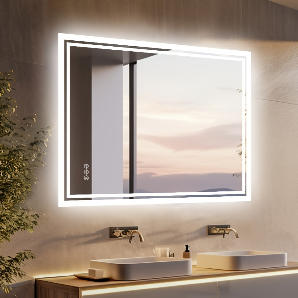 Bathroom Mirror with LED Lights, Large Rectangulaire Makeuo Mirror Dimmable 3 Colour Anti Fog Smart Touch Sensor Vanity Wall Mounted Frosted Glass Frame, Modern Design HD Hanging Bathroom Mirror with Backlit, Vertical Or Hori