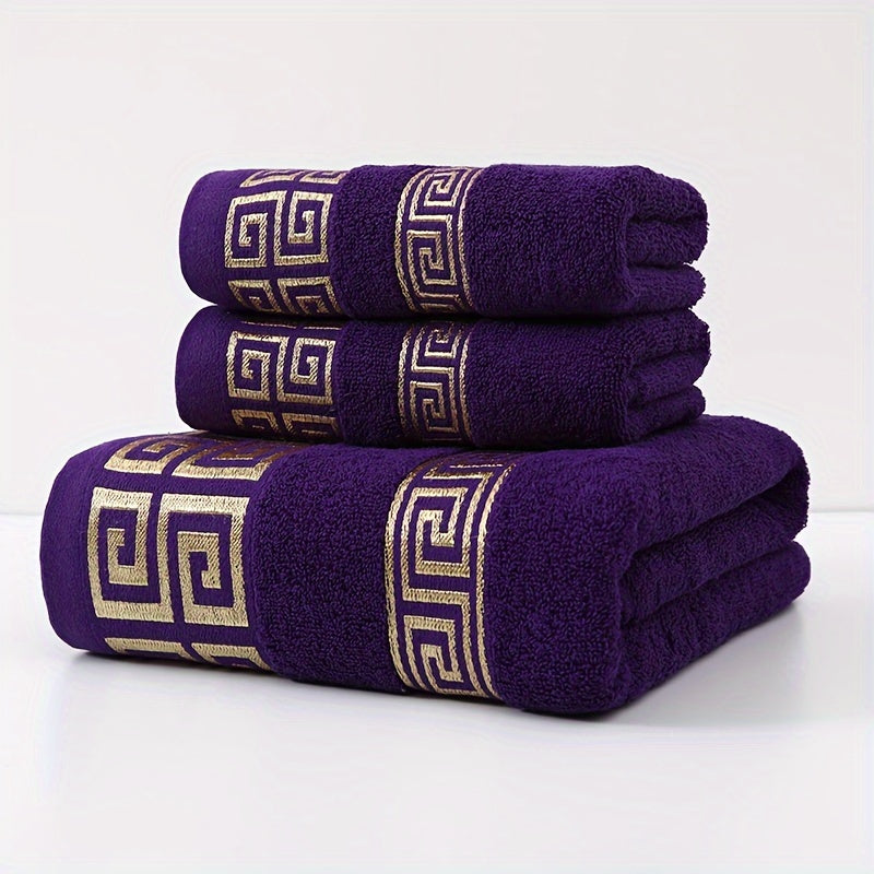 3pcs 100% Cotton Towel Set (1 Bath Towel, 2 Washcloths) GSM410, Exquisite Embroidery, Geometric Pattern, Luxury Style Bath Towel, Very Soft, Very Absorbent, Not Easy to Shed And Not Easy to Fade, Bathroom Essentials, Suitable
