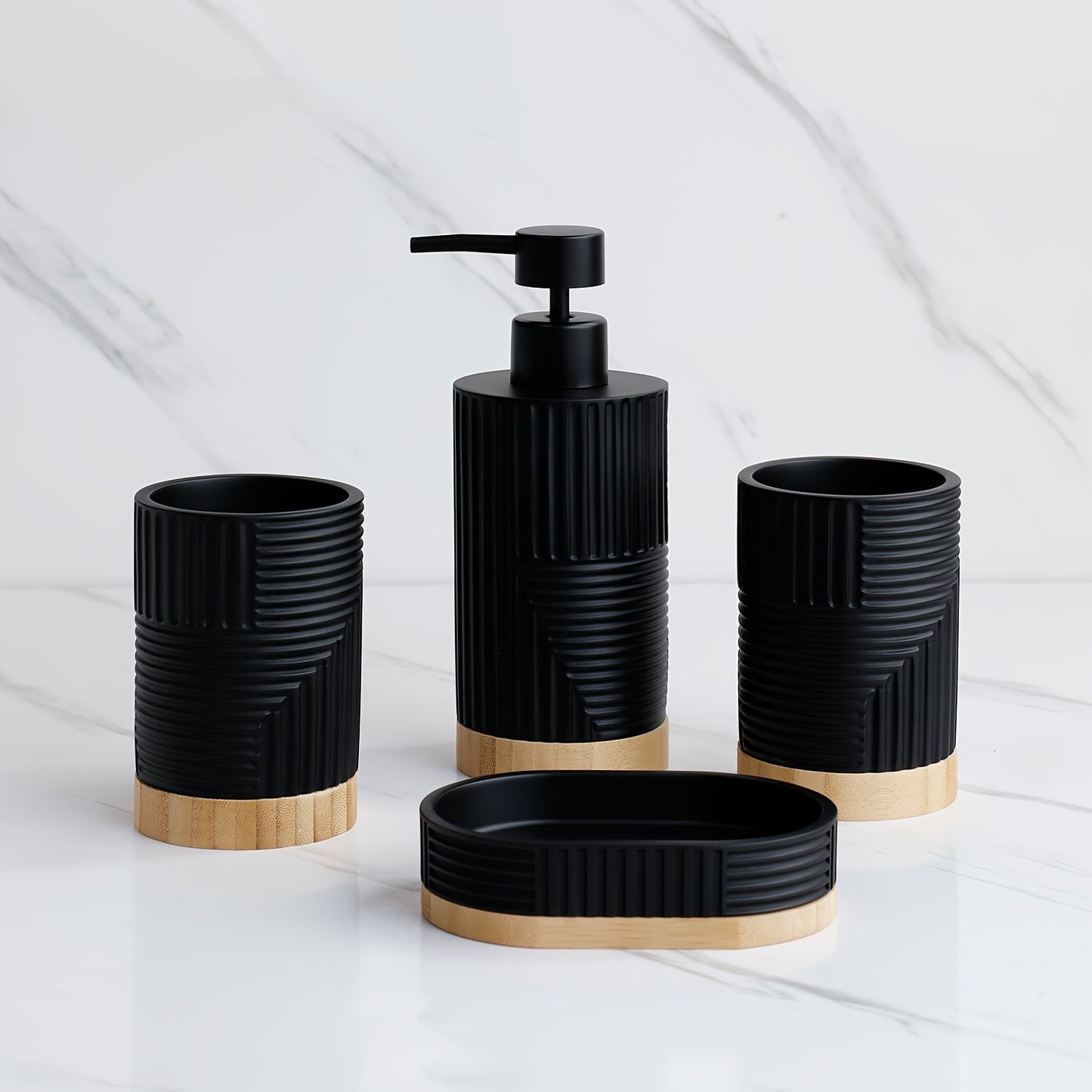 ZHANWANGJIAJU 4pcs Bathroom Accessory Set - Includes Soap Dispenser, Mouthwash Cup, and Soap Dish in Black with Wood Accents