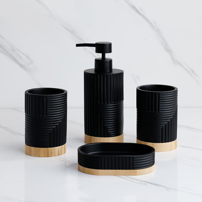 ZHANWANGJIAJU 4pcs Bathroom Accessory Set - Includes Soap Dispenser, Mouthwash Cup, and Soap Dish in Black with Wood Accents