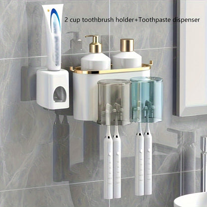 Wall-Mounted Toothbrush Holder Set with Adhesive, No-Drill Installation, Bathroom Storage Organizer with Multiple Slots for Toothbrushes, Toothpaste, Razor, and Tooth-Mug Cups - Unscented, Use Without Power