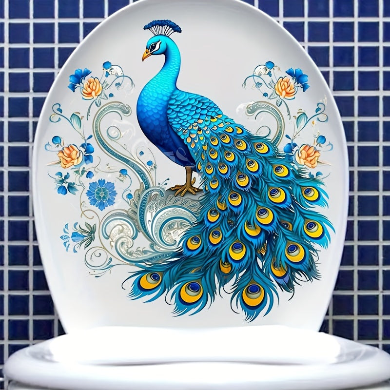 Peacock Toilet Lid Decal - 1pc Self-adhesive Animal Print Bathroom Decoration, Semi-glossy Finish, Plastic Surface Compatible, Single Use Peel and Stick Tank Cover Embellishment
