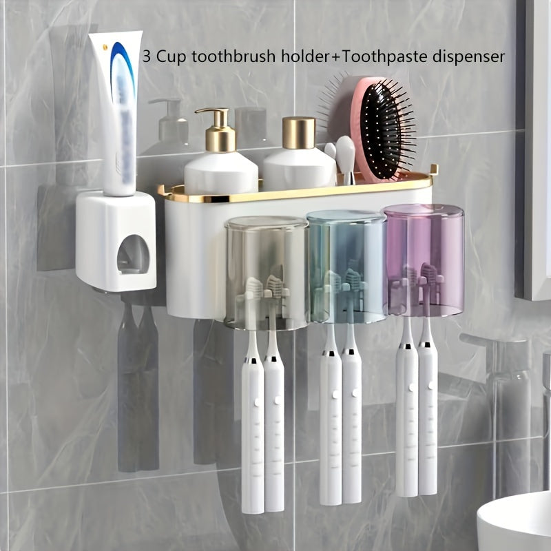 Wall-Mounted Toothbrush Holder Set with Adhesive, No-Drill Installation, Bathroom Storage Organizer with Multiple Slots for Toothbrushes, Toothpaste, Razor, and Tooth-Mug Cups - Unscented, Use Without Power