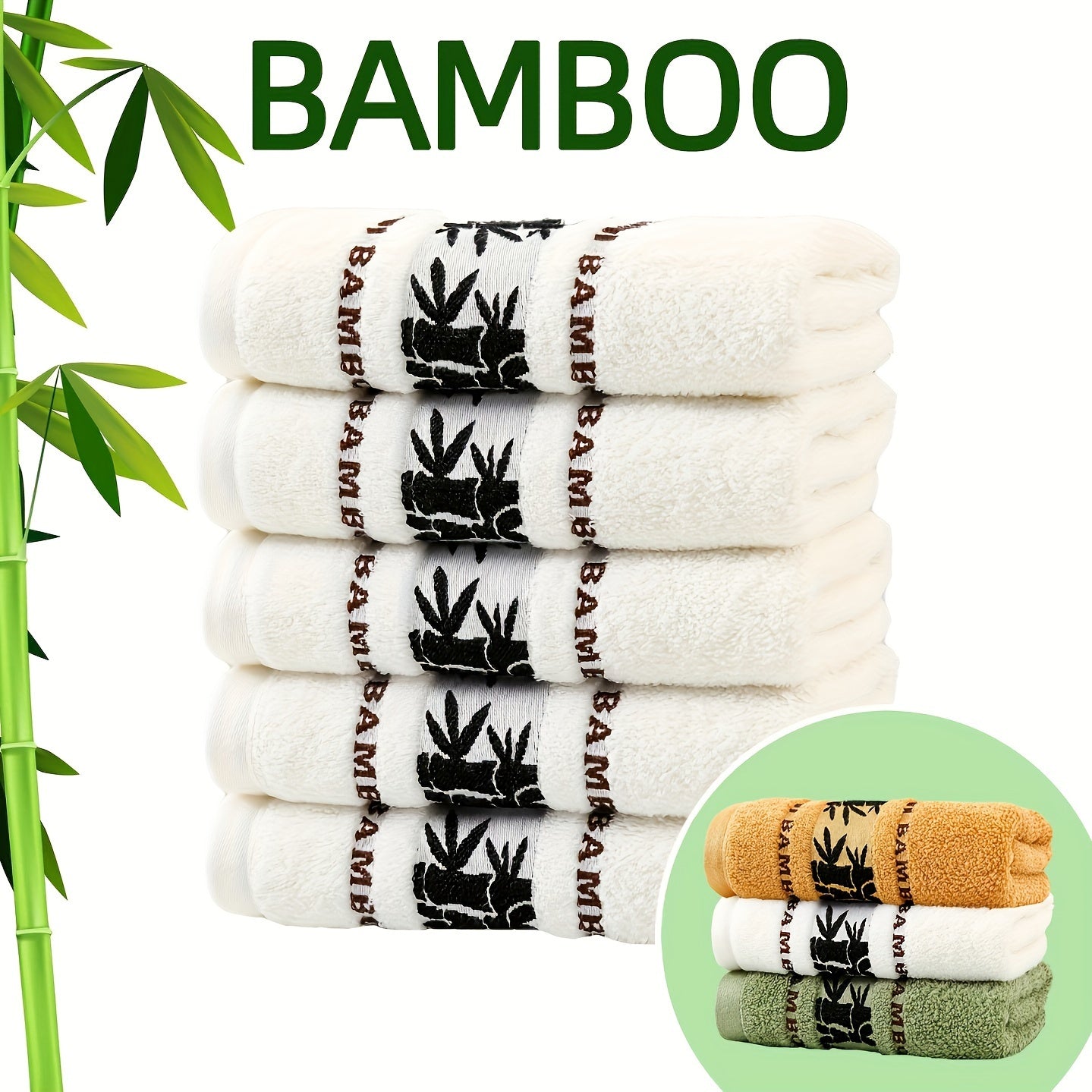Self Flying Bamboo Fiber Towels Pack of 5 / 5pcs Bamboo Embroidered Hand Towel Set, Absorbent & Quick-Drying Showering Towel, Super Soft & Light Beige-Friendly Bathing Towel, for Home Bathroom, Ideal Bathroom Supplies 35*75cm