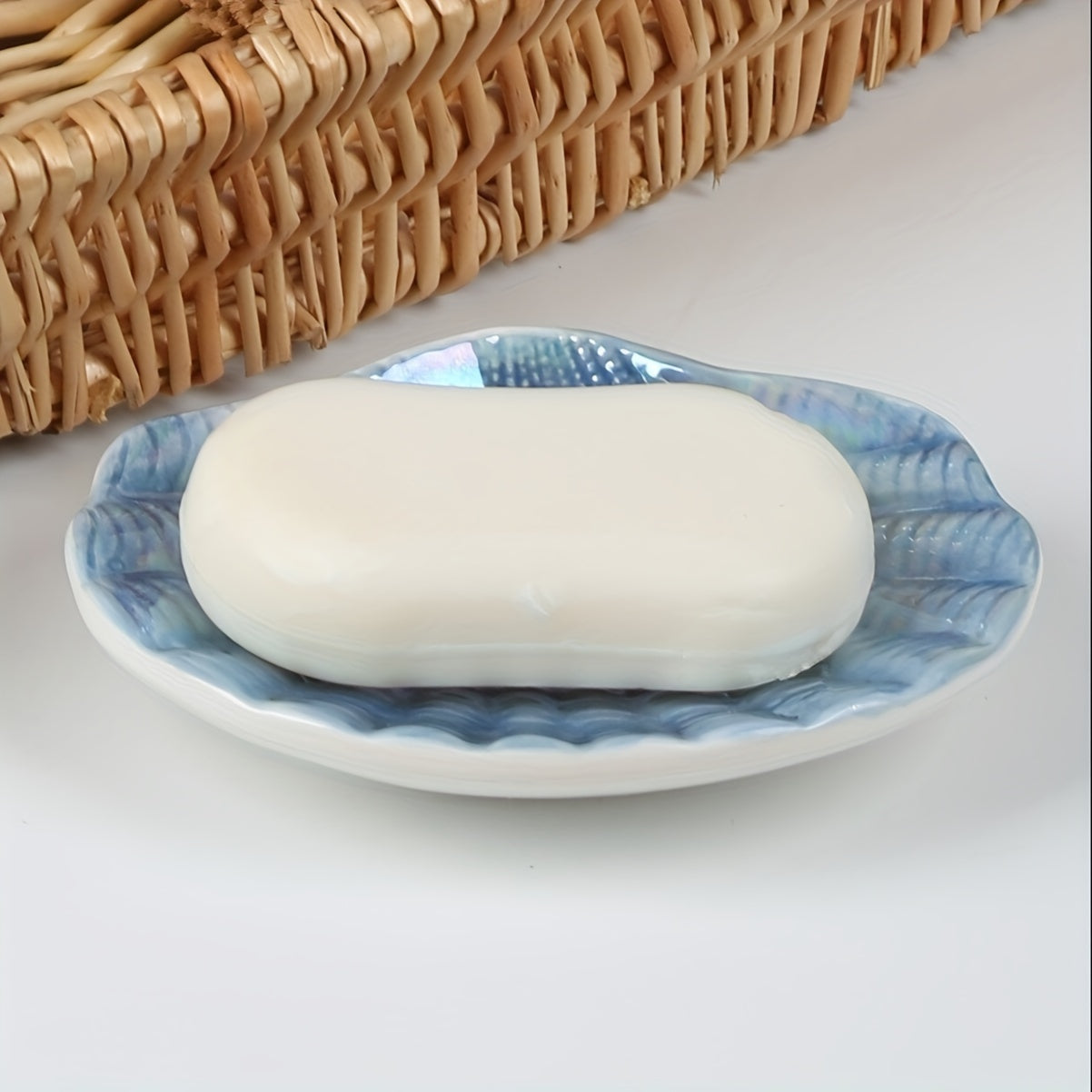 Blue & White Ceramic Ocean Seashell Soap Dish - Elegant Oval Design with Intricate Glossy Finish, Perfect for Bathroom, Tub, and Kitchen Sink, Bathroom Accessories | Decorative Soap Dish | Iridescent Ceramic, Soap Bar Holder