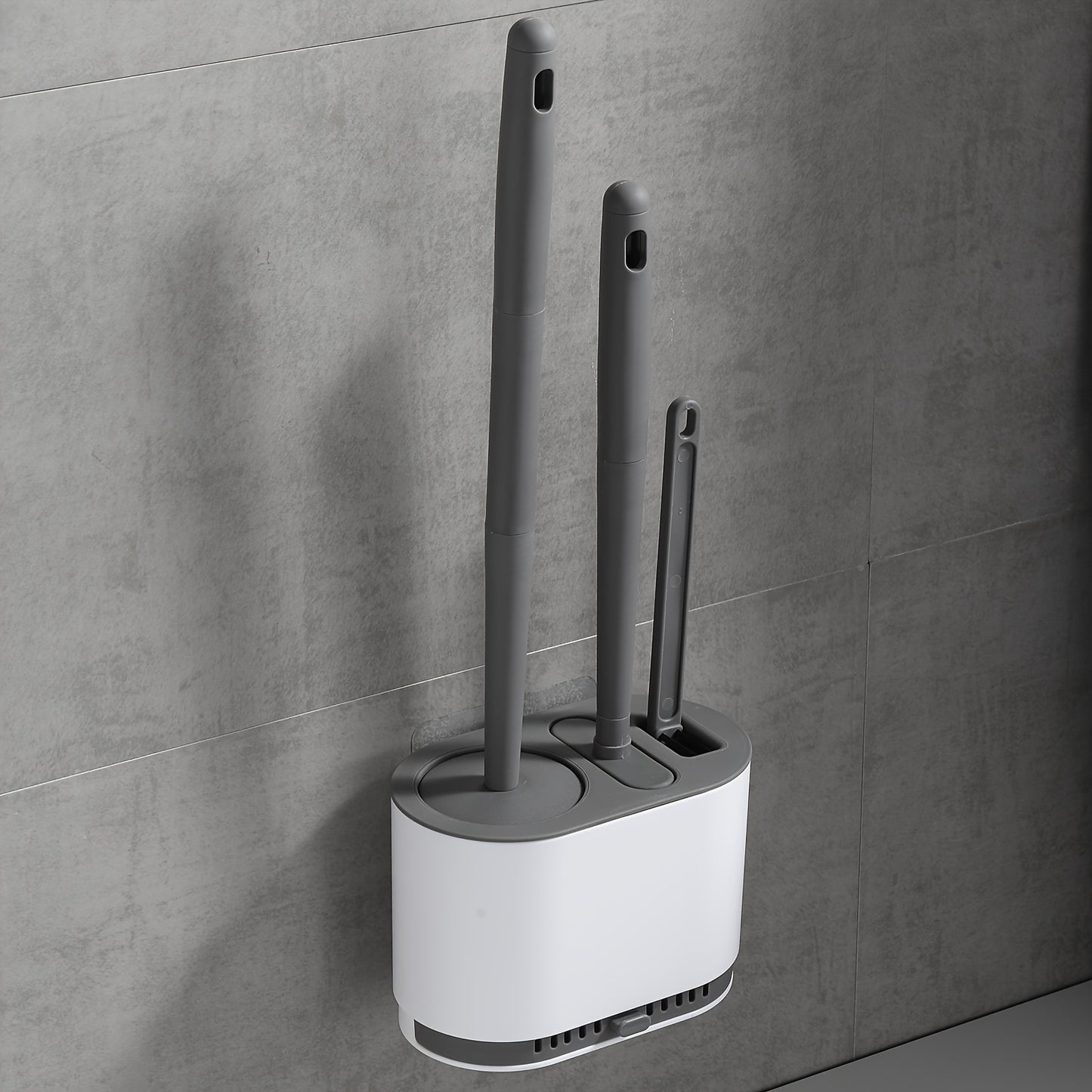 3pcs Modern Bathroom Toilet Brush Set with Long Handle, Wall-Mounted Holder, Hard Bristle Brushes, No-Drill Installation, Plastic Material, Electricity-Free Use