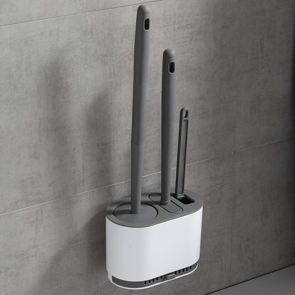 3pcs Modern Bathroom Toilet Brush Set with Long Handle, Wall-Mounted Holder, Hard Bristle Brushes, No-Drill Installation, Plastic Material, Electricity-Free Use