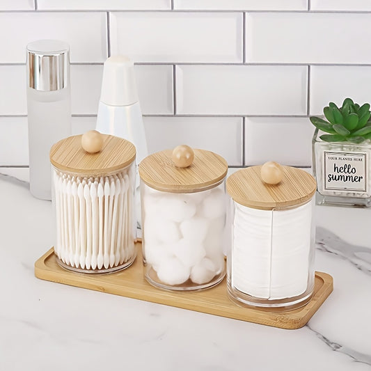 10 oz Qtip Holder with Vanity Tray, 3 Pack Cotton Swab/Ball/Pad Dispenser Apothecary Jar, Clear Bathroom Containers Dispenser for Storage Bamboo Lids