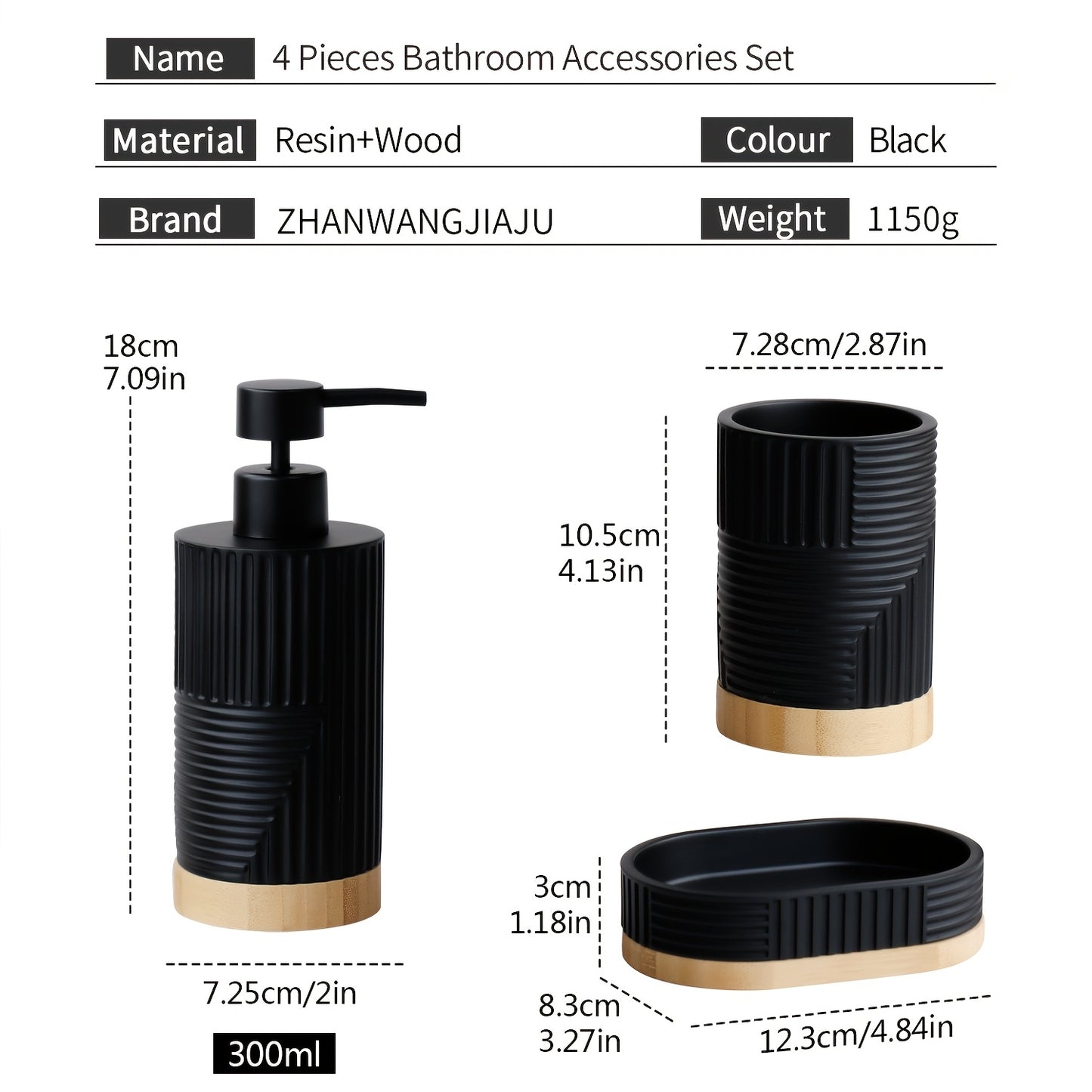 ZHANWANGJIAJU 4pcs Bathroom Accessory Set - Includes Soap Dispenser, Mouthwash Cup, and Soap Dish in Black with Wood Accents