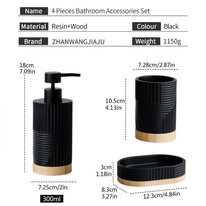 ZHANWANGJIAJU 4pcs Bathroom Accessory Set - Includes Soap Dispenser, Mouthwash Cup, and Soap Dish in Black with Wood Accents
