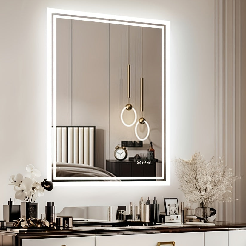 Bathroom Mirror with LED Lights, Large Rectangulaire Makeuo Mirror Dimmable 3 Colour Anti Fog Smart Touch Sensor Vanity Wall Mounted Frosted Glass Frame, Modern Design HD Hanging Bathroom Mirror with Backlit, Vertical Or Hori