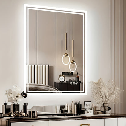 Bathroom Mirror with LED Lights, Large Rectangulaire Makeuo Mirror Dimmable 3 Colour Anti Fog Smart Touch Sensor Vanity Wall Mounted Frosted Glass Frame, Modern Design HD Hanging Bathroom Mirror with Backlit, Vertical Or Hori