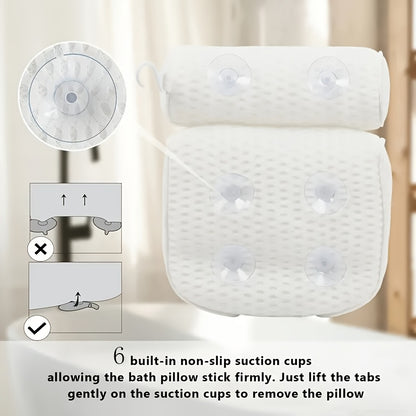 Non-Slip Bath Pillow for Neck & Back Support - Spa-Grade 100% Polyester Bubble Massage Cushion with Anti-Slip Suction Cups, White Bathroom Accessory for Relaxing Soaks & Relax