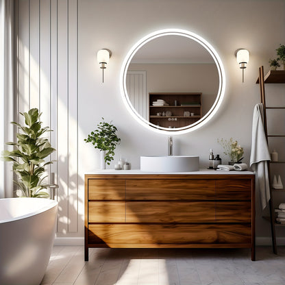 LED Bathroom Mirror Round: Lighting Dimmable Backlit Wall Mirror, Circle Illuminated Anti-Foge Vanity Mirror, 3 Smart Touch Button Makeup With Brightness Adjustable, Memory Function Modern Shaving Mirror With Acrylic Edge