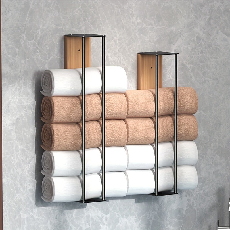 Rustic Wooden Panel Bathroom Towel Rack, Wall-Mounted Towel Holder for Rolled Towels, No Drilling Required, for Bath Towels, Hand Towels, Beach Towels, Bathroom Accessories, Autumn, Christmas Decor, Home Kitchen Supplies