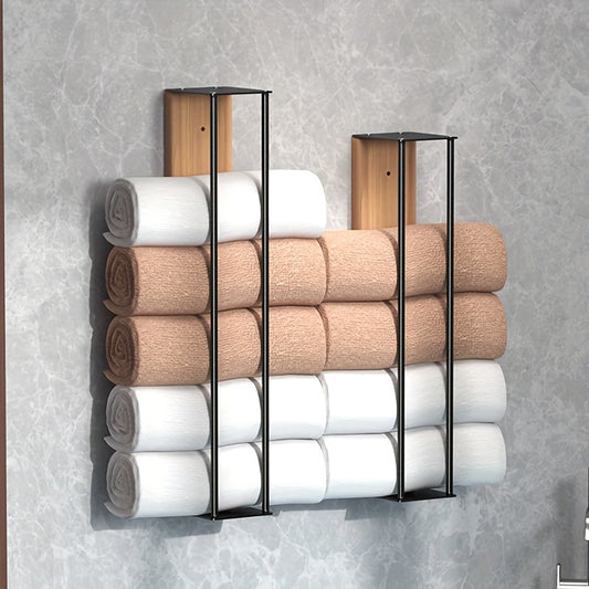 Rustic Wooden Panel Bathroom Towel Rack, Wall-Mounted Towel Holder for Rolled Towels, No Drilling Required, for Bath Towels, Hand Towels, Beach Towels, Bathroom Accessories, Autumn, Christmas Decor, Home Kitchen Supplies