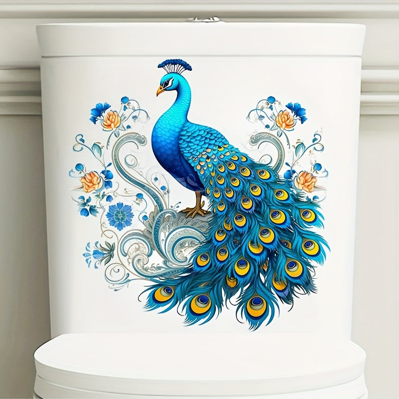Peacock Toilet Lid Decal - 1pc Self-adhesive Animal Print Bathroom Decoration, Semi-glossy Finish, Plastic Surface Compatible, Single Use Peel and Stick Tank Cover Embellishment