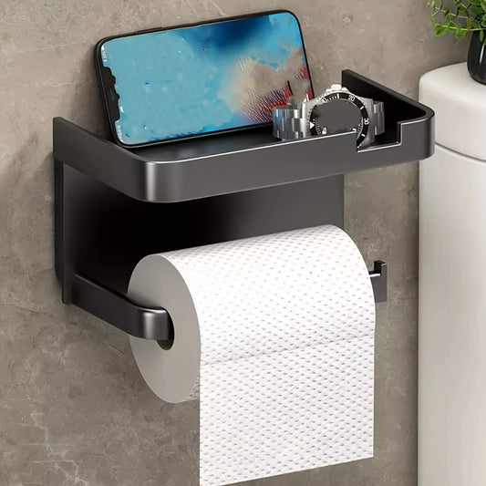Wall-Mounted Toilet Paper Holder with Shelf and Phone Holder, Plastic, Self-Adhesive, No-Drill for Bathroom Tissue Roll Dispenser