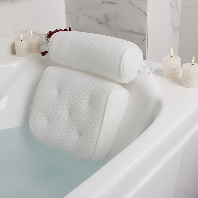 Non-Slip Bath Pillow for Neck & Back Support - Spa-Grade 100% Polyester Bubble Massage Cushion with Anti-Slip Suction Cups, White Bathroom Accessory for Relaxing Soaks & Relax
