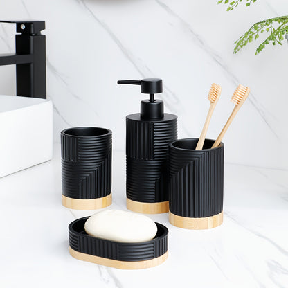 ZHANWANGJIAJU 4pcs Bathroom Accessory Set - Includes Soap Dispenser, Mouthwash Cup, and Soap Dish in Black with Wood Accents