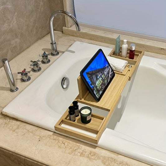 A bathtub tray, luxurious bamboo bathtub tray - adjustable natural bamboo bathtub storage rack, with wine rack, cup holder, soap dish, book space and mobile phone slot, suitable for SPA, bathroom and shower. Bamboo bathtub ra