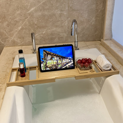 A bathtub tray, luxurious bamboo bathtub tray - adjustable natural bamboo bathtub storage rack, with wine rack, cup holder, soap dish, book space and mobile phone slot, suitable for SPA, bathroom and shower. Bamboo bathtub ra