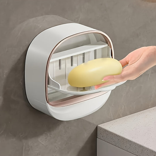 1pc AromaFree Double-Layer Wall-Mounted Soap Holder with Lid - Easy-Install, No-Drill, Plastic Soap Storage for Bathroom & Kitchen