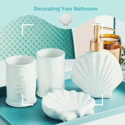 Bathroom Accessories Set, 4pcs Beach Starfish Ensemble Sets Ceramic Bathroom Counter Sets Includs Soap Dispenser Soap Dish & 2 Gargle Cup, Creative Bathroom Kit for Home Office Hotel