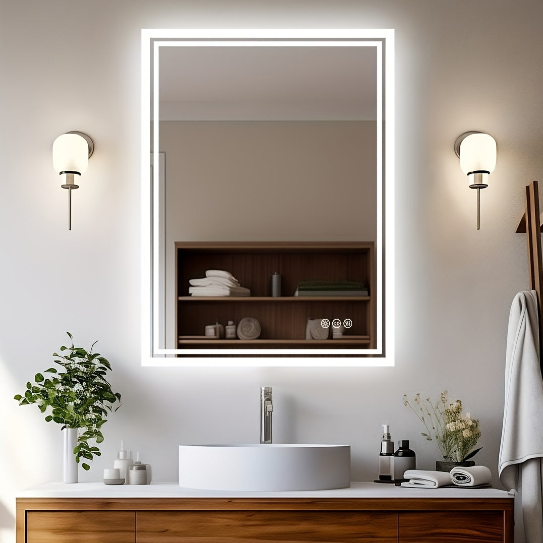 Bathroom Mirror with LED Lights, Large Rectangulaire Makeuo Mirror Dimmable 3 Colour Anti Fog Smart Touch Sensor Vanity Wall Mounted Frosted Glass Frame, Modern Design HD Hanging Bathroom Mirror with Backlit, Vertical Or Hori