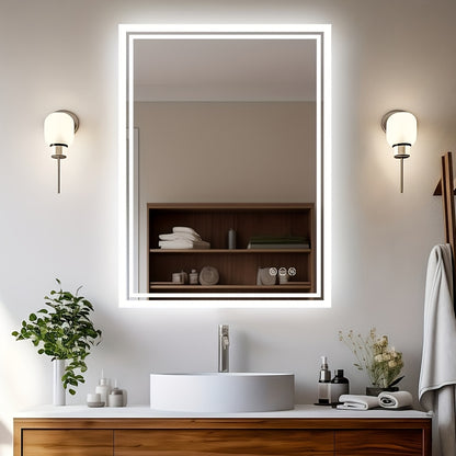 Bathroom Mirror with LED Lights, Large Rectangulaire Makeuo Mirror Dimmable 3 Colour Anti Fog Smart Touch Sensor Vanity Wall Mounted Frosted Glass Frame, Modern Design HD Hanging Bathroom Mirror with Backlit, Vertical Or Hori