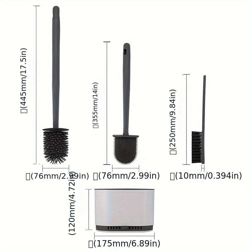 3pcs Modern Bathroom Toilet Brush Set with Long Handle, Wall-Mounted Holder, Hard Bristle Brushes, No-Drill Installation, Plastic Material, Electricity-Free Use