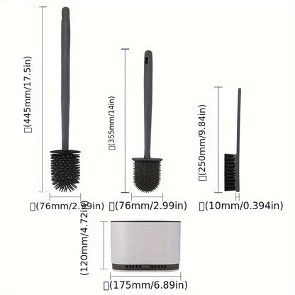 3pcs Modern Bathroom Toilet Brush Set with Long Handle, Wall-Mounted Holder, Hard Bristle Brushes, No-Drill Installation, Plastic Material, Electricity-Free Use