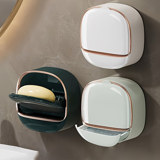 1pc Wall-Mounted Soap Dispenser with Drainage, No-Drill Installation, Plastic Rectangular Design in Green/White or White/Rose Golden, Perfect for Bathroom, Kitchen & Sink Storage