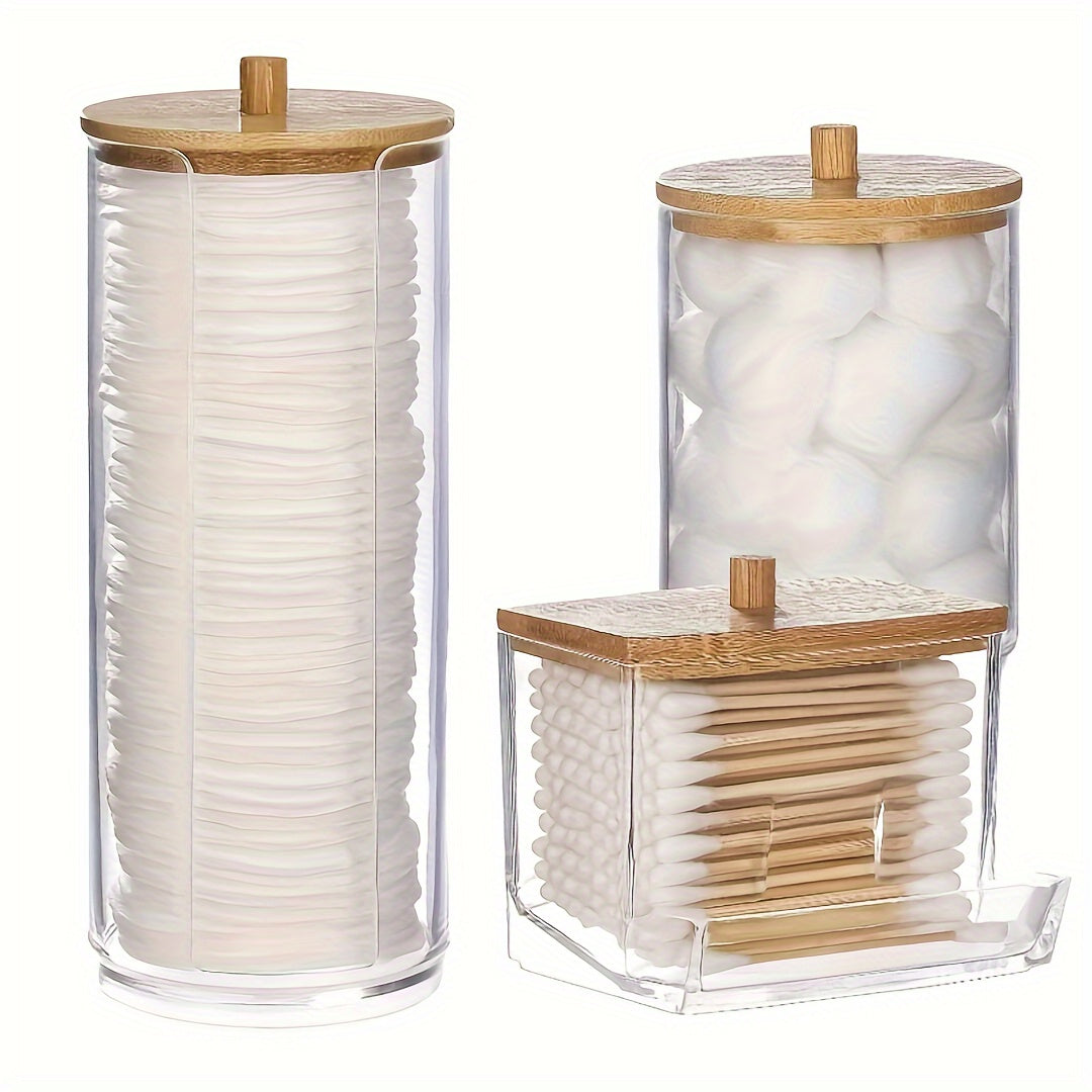 3pcs Makeup Organizer Set with Bamboo Lids - Dust-Proof, Portable Swab & Pad Holder for Bathroom Vanity