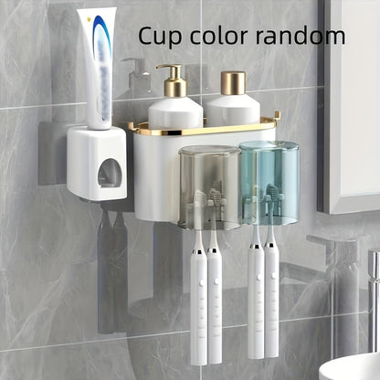 Wall-Mounted Toothbrush Holder Set with Adhesive, No-Drill Installation, Bathroom Storage Organizer with Multiple Slots for Toothbrushes, Toothpaste, Razor, and Tooth-Mug Cups - Unscented, Use Without Power