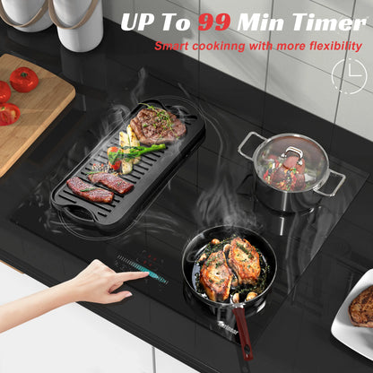 Karinear Plaque Induction 4 Feux Encastrable avec Prise, 3500W, Plaque de Cuisson Electrique avec Marbrure, Flexizone, Commande Tactile, Minuterie, 220-240V