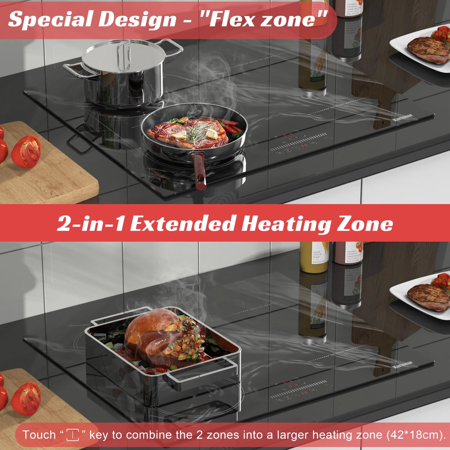 Karinear Plaque Induction 4 Feux Encastrable avec Prise, 3500W, Plaque de Cuisson Electrique avec Marbrure, Flexizone, Commande Tactile, Minuterie, 220-240V