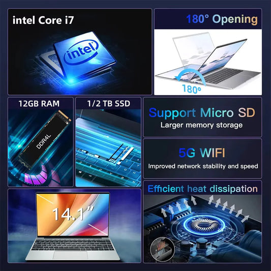 Ordinateur portable Windows 11, 12 Go de RAM, 1 To SSD, Intel Core i7, 7500U
