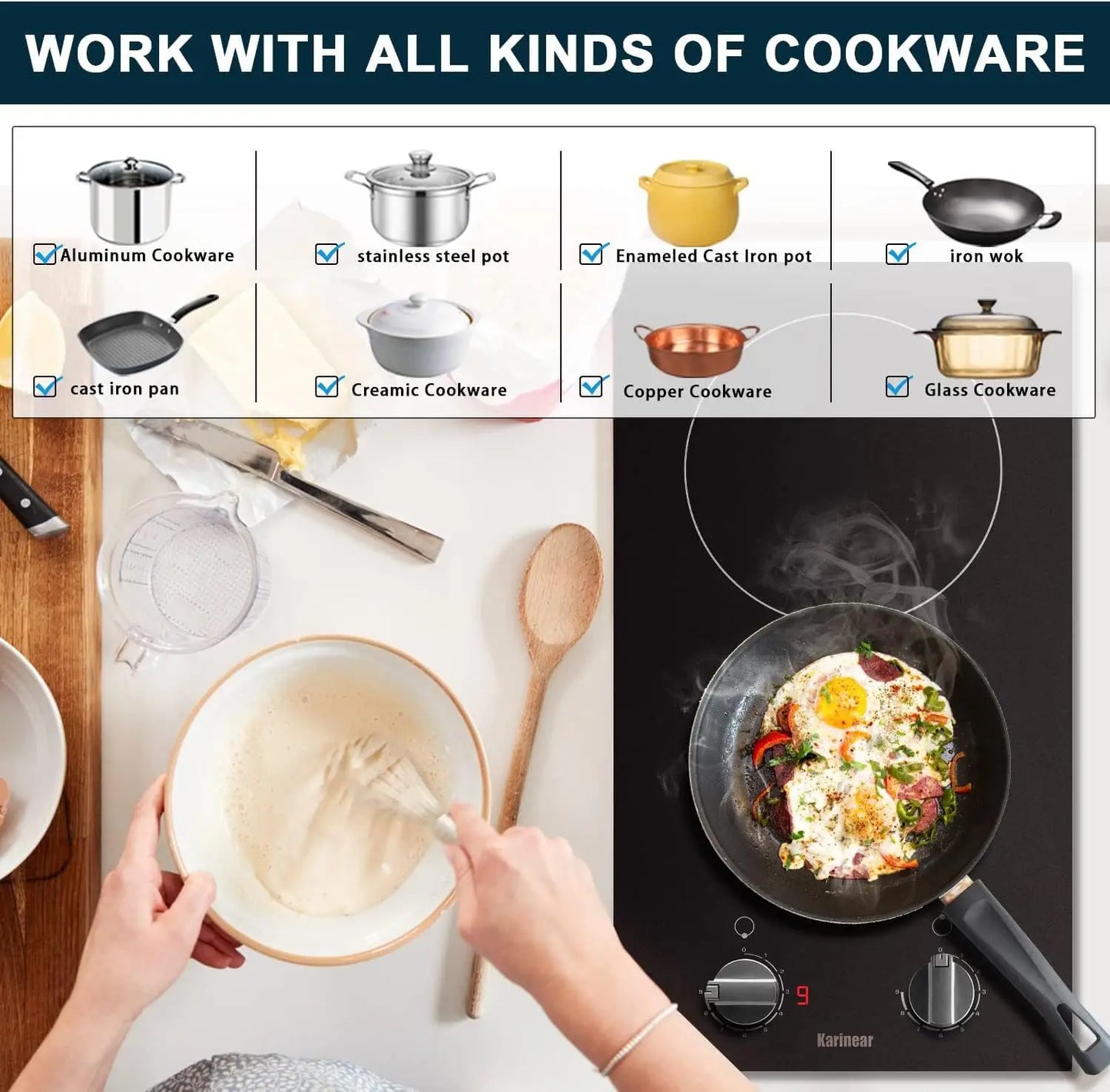 Plaque de Cuisson Vitrocéramique, Karinear 30 CM Plaque Vitrocéramique 2 Feux, Table de Cuisson Electrique sans Prise, Verre Mat, 3000W, Noir