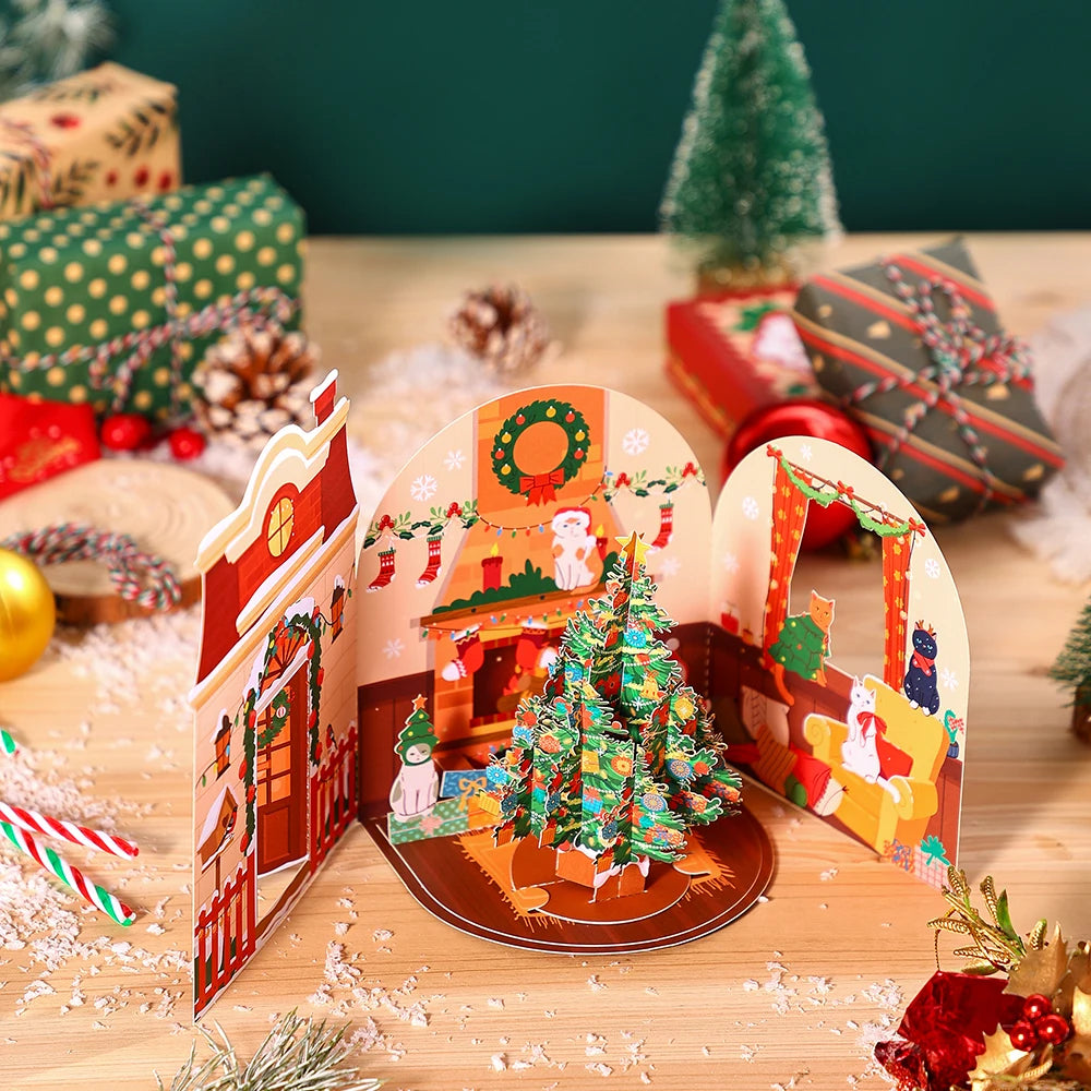 Cartes de vœux pour arbre de noël, carte Pop-Up tridimensionnelle pour chat, carte postale 3D avec enveloppe, fournitures de vacances