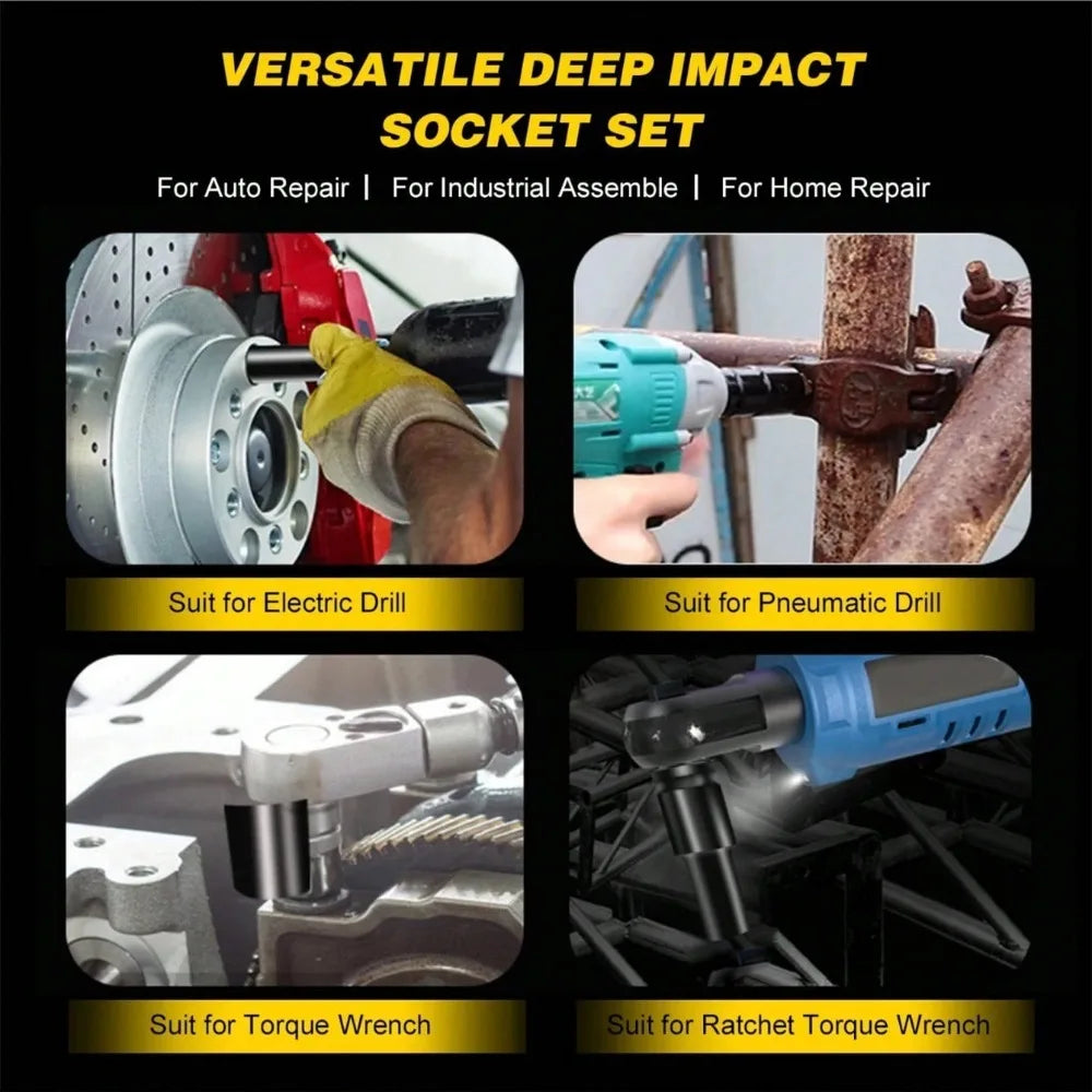 Jeu de douilles à percussion à 6 points, 1/2 pouces, 10 pièces, tailles métriques 8-24m, jeu de douilles à percussion en acier au carbone avec boîte de rangement rigide