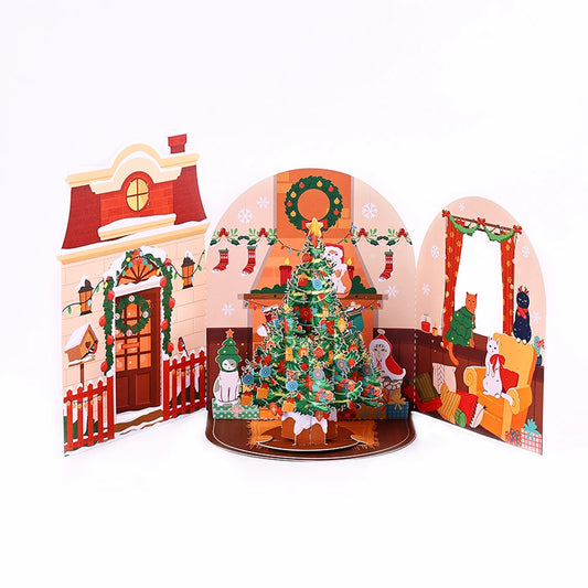 Cartes de vœux pour arbre de noël, carte Pop-Up tridimensionnelle pour chat, carte postale 3D avec enveloppe, fournitures de vacances