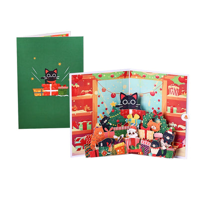 Cartes de vœux pour arbre de noël, carte Pop-Up tridimensionnelle pour chat, carte postale 3D avec enveloppe, fournitures de vacances